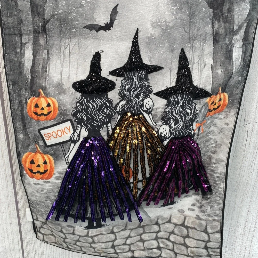 Rachel Zoe Table Runner Halloween 16x72 Gray Witches Sequins Pumpkins Bats Owl